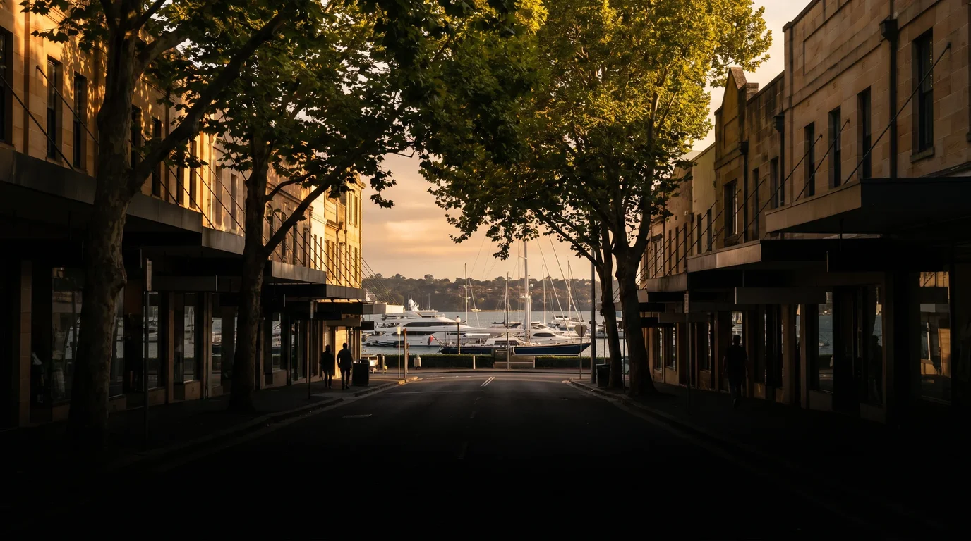 A grand eastern-harbour Double Bay home at dusk in warm gold light, where a careful removals crew protects fine furniture and art